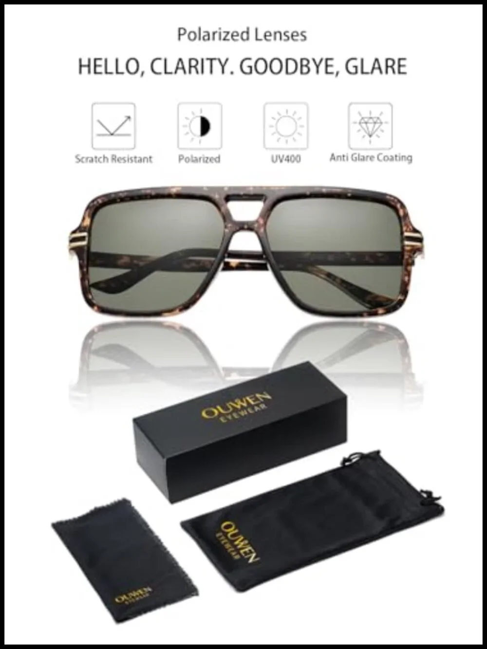 Retro Oversized Polarized Square Sunglasses, UV Protection, Lightweight